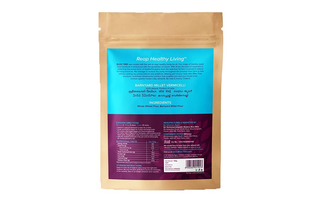 Bliss Tree Vermicelli Delights Barnyard Millet   Pack  150 grams